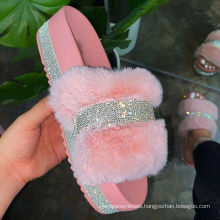 Wholesale fashion design flat shoes for women faux fur slippers for ladies shoe sandals Fur Slides Rhinestones Outdoor 2021